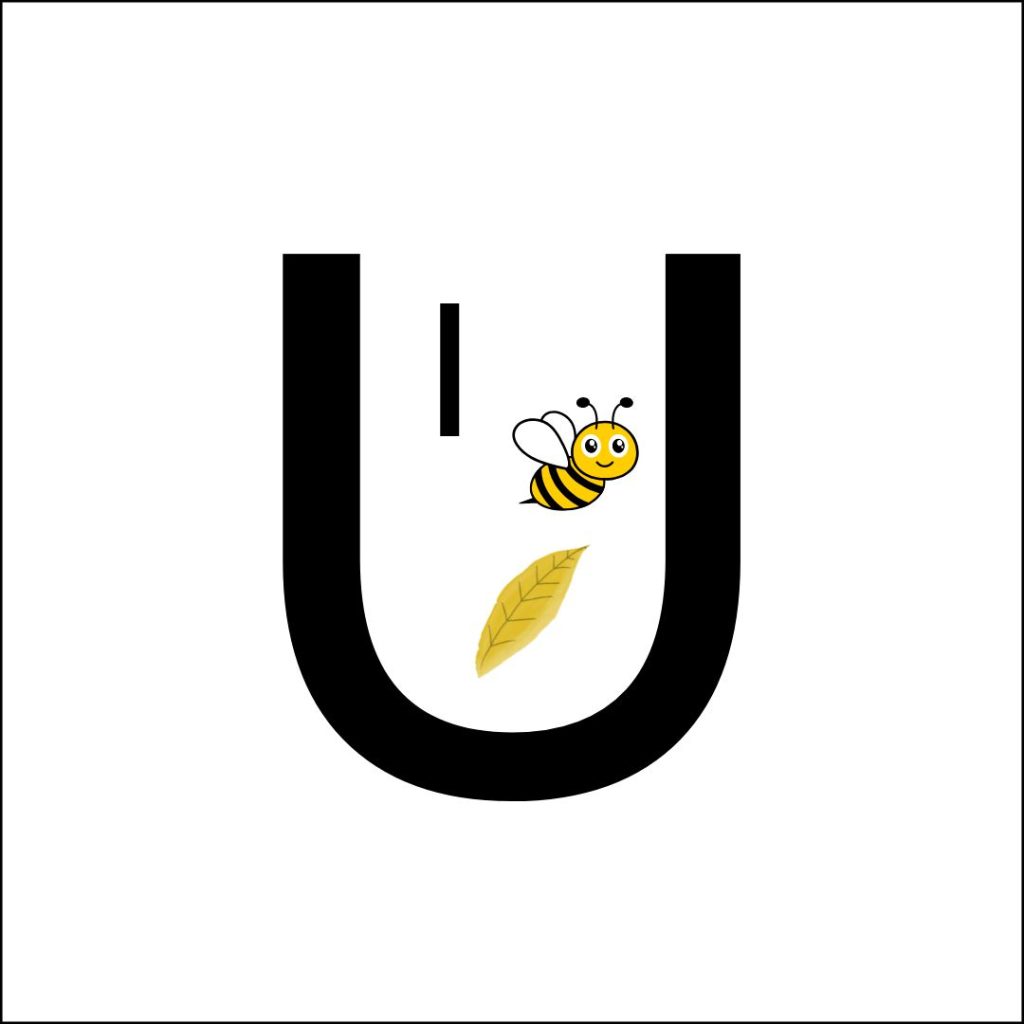 Riddles for kids large letter U and inside a letter I, picture of a bee and a leaf