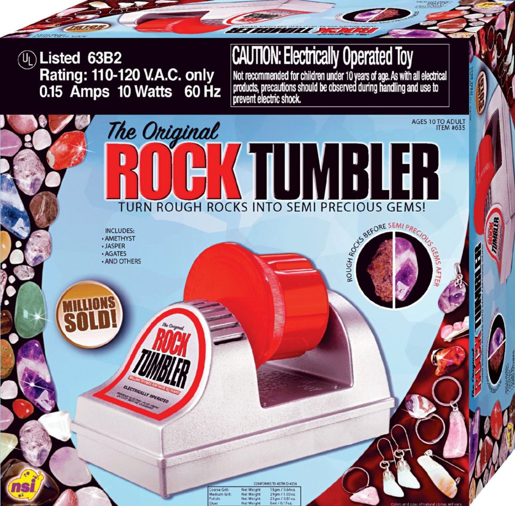 This great rock tumbler is simple. The NSI Rock Tumbler Classic takes rough rocks and makes them smooth.  It includespolishing grit to polish stones.  Makle gemstones pretty. It has a motor, is made of plastic, great for hobby types to use. A top starter kit.