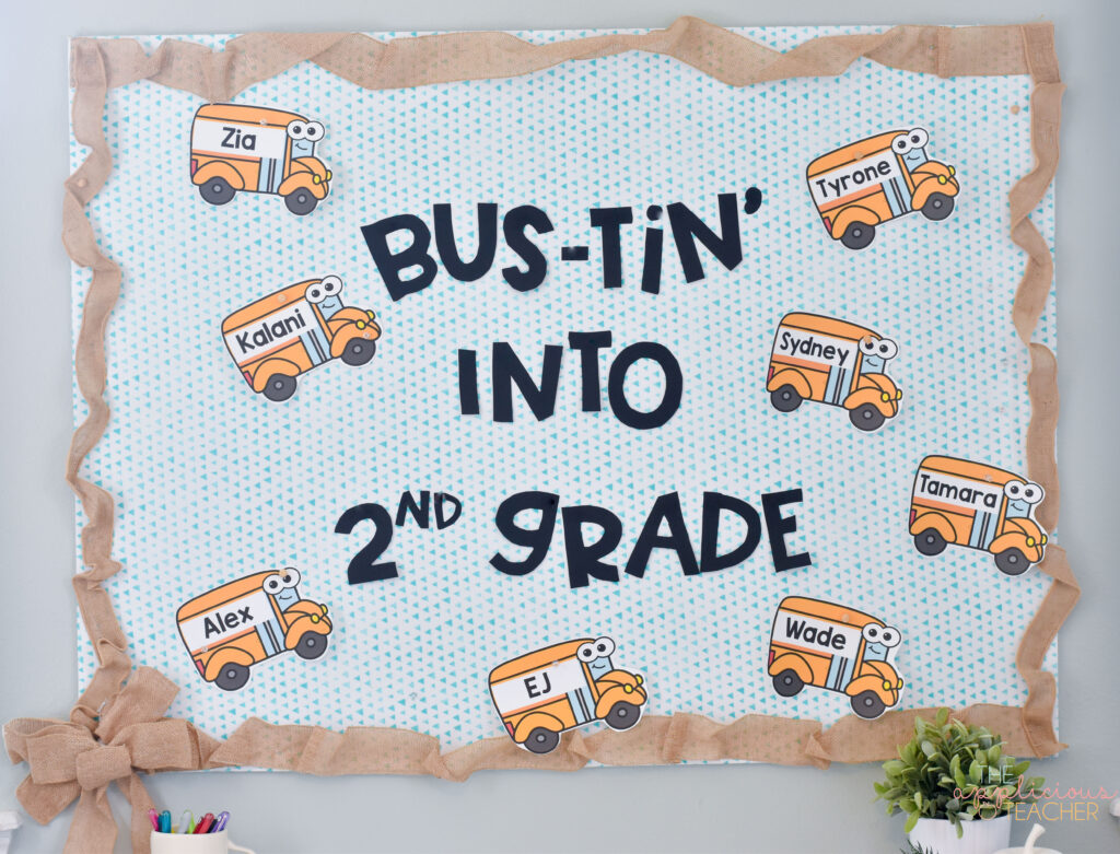 Bust into 3rd grade back to school unique bulletin board idea with bus cutouts and student name tags decorations