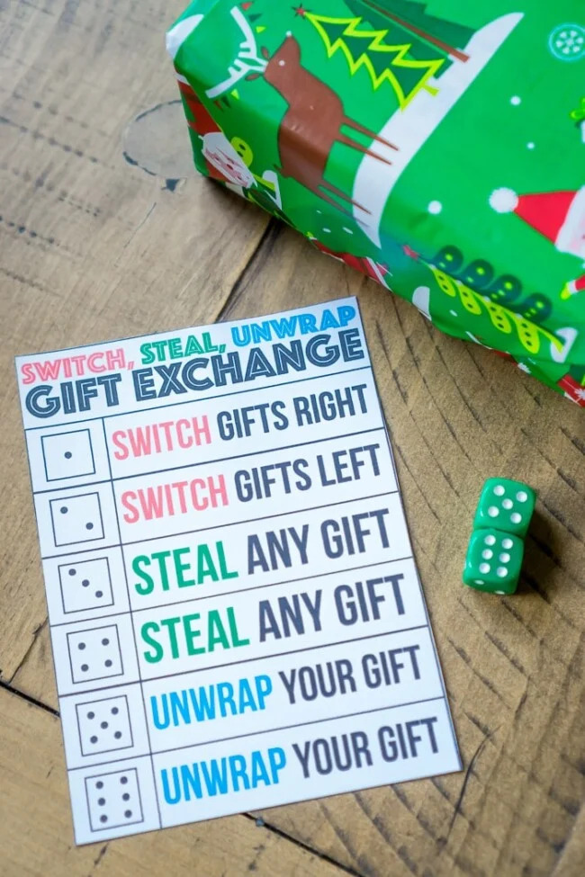 To Steal, Switch, Unwrap Christmas Gifts Game with a fun holiday twist