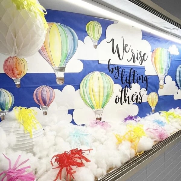 We Rise By Lifting Others Hot Air Balloon Creative Bulletin Board unique bulletin board idea